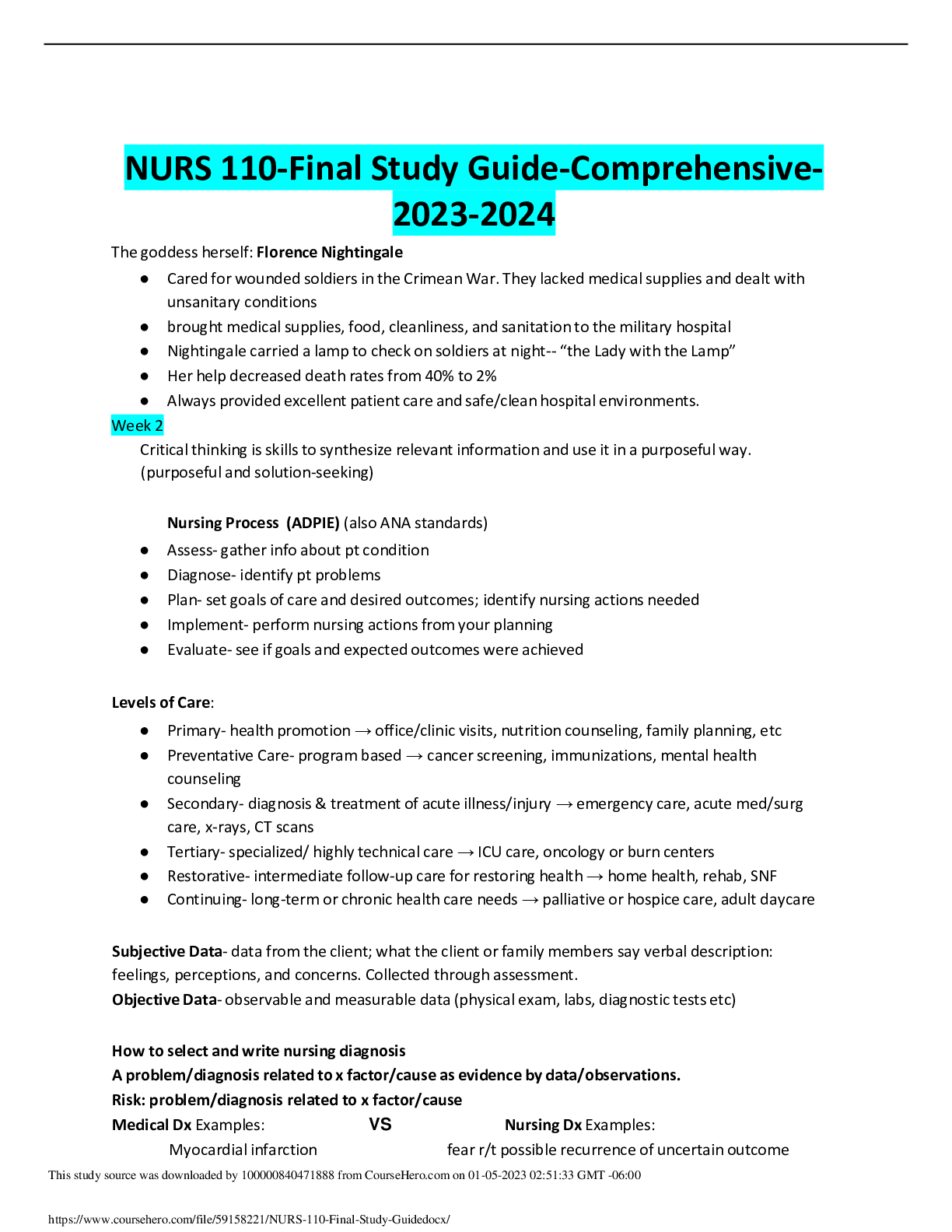 Preview image of NURS 110-Final Study Guide-Comprehensive-2023-2024 document